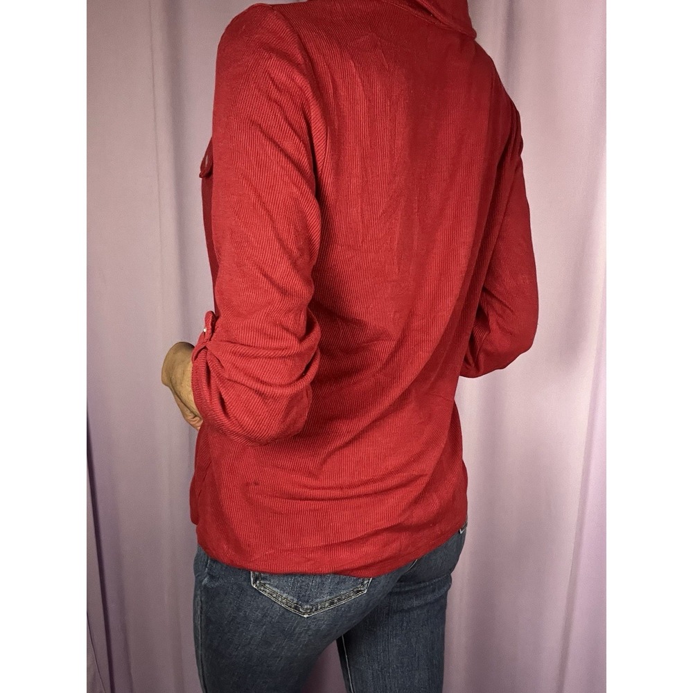 Catherine Malandrino Red Ribbed Knit Top Size M Collared Gold Button Preppy - Picture 5 of 10